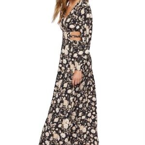 Forever 21 Black and Cream Floral Long Sleeve Cut-Out Dress